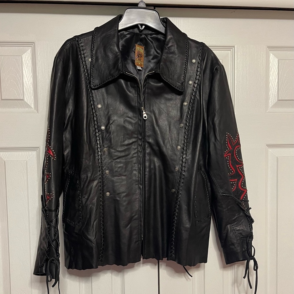 Black Leather Jacket with Red Accents
